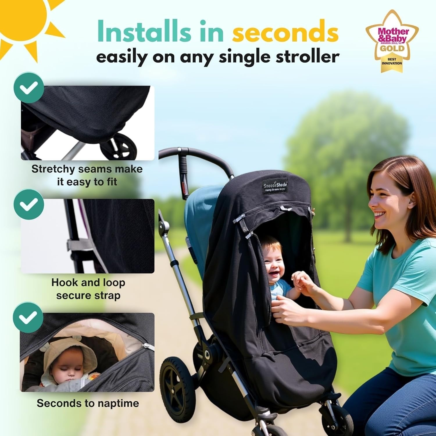 Pram Sun Shade Cover UPF50+ Blackout Canopy UV Bug Protection
