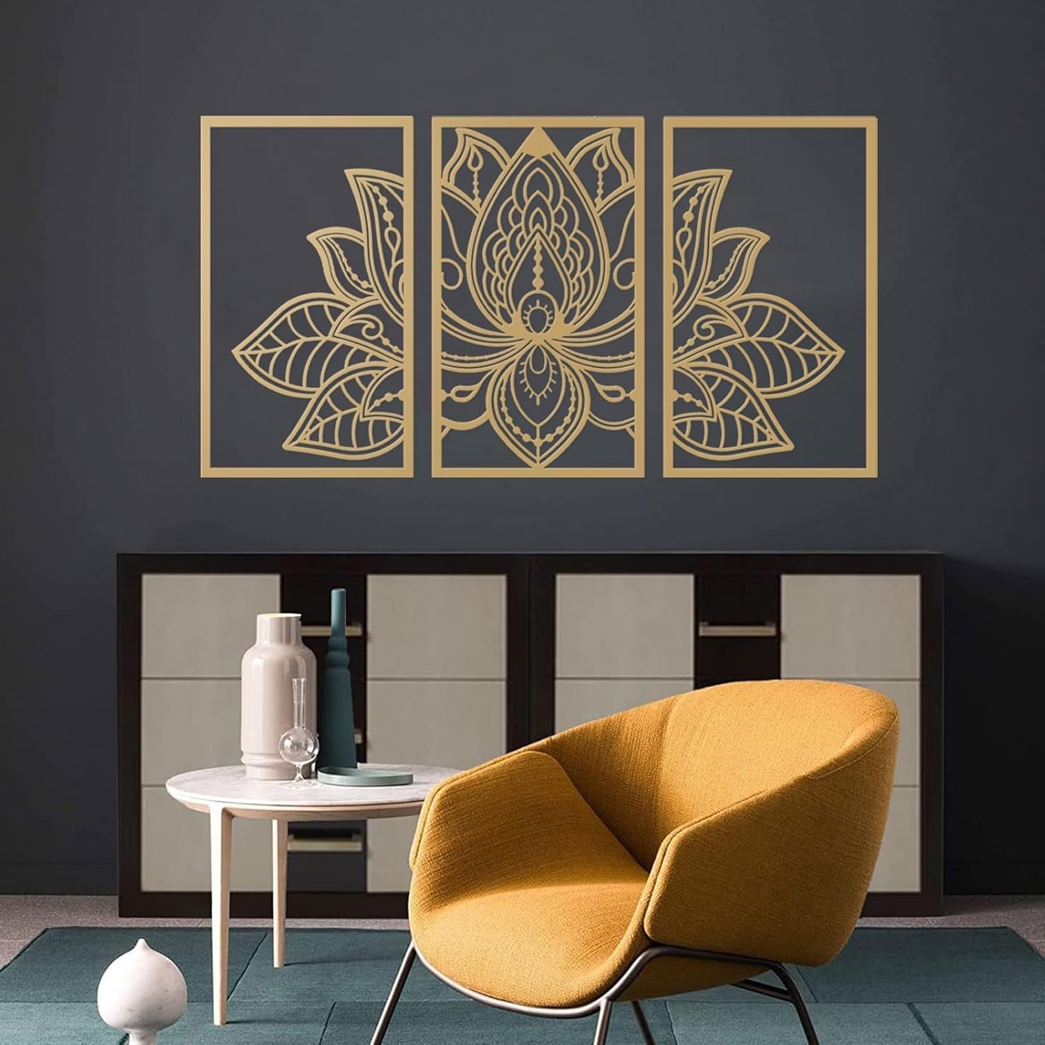 3PC Lotus Flower Metal Wall Art Gold Mandala Decor