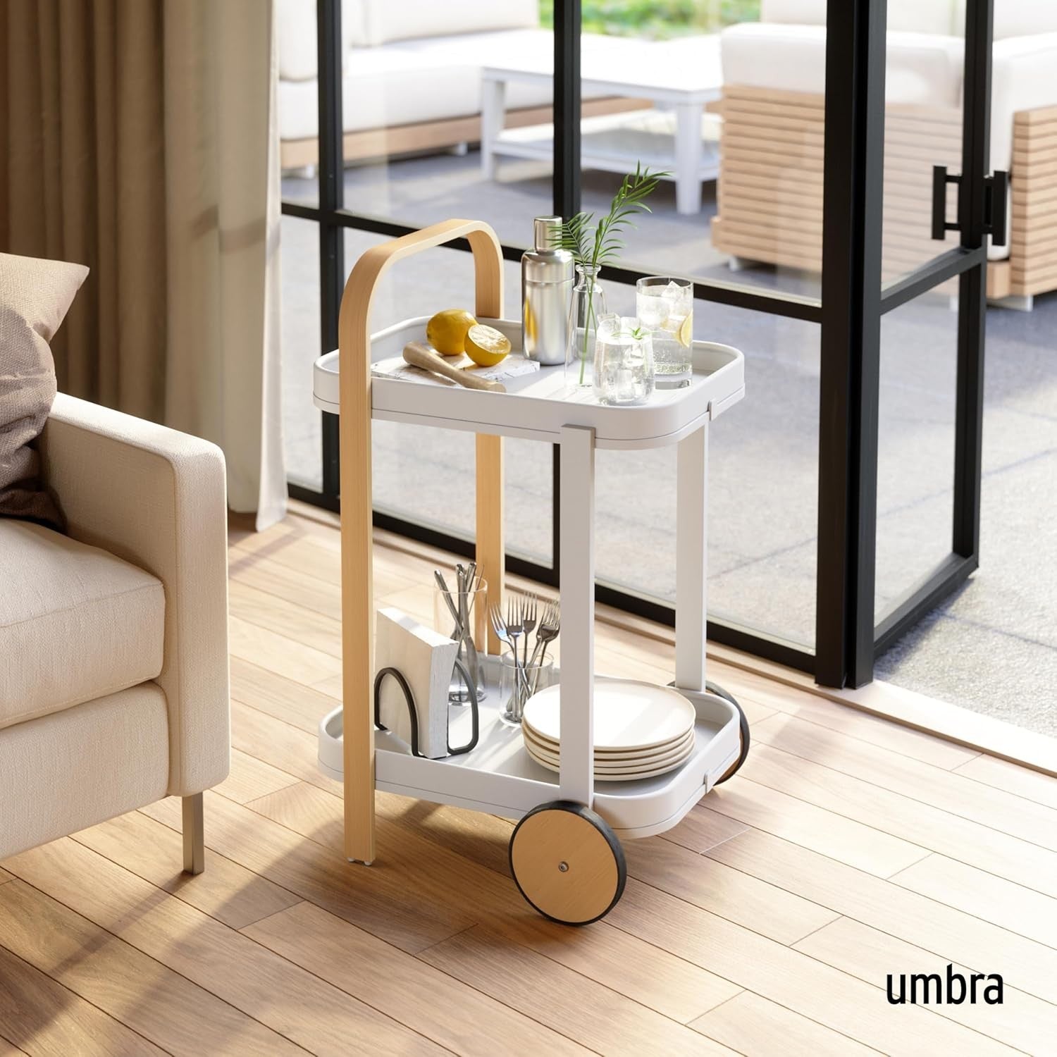 Luxury Bar Cart on Wheels 2 Tier White Serving Trolley Removable Tray