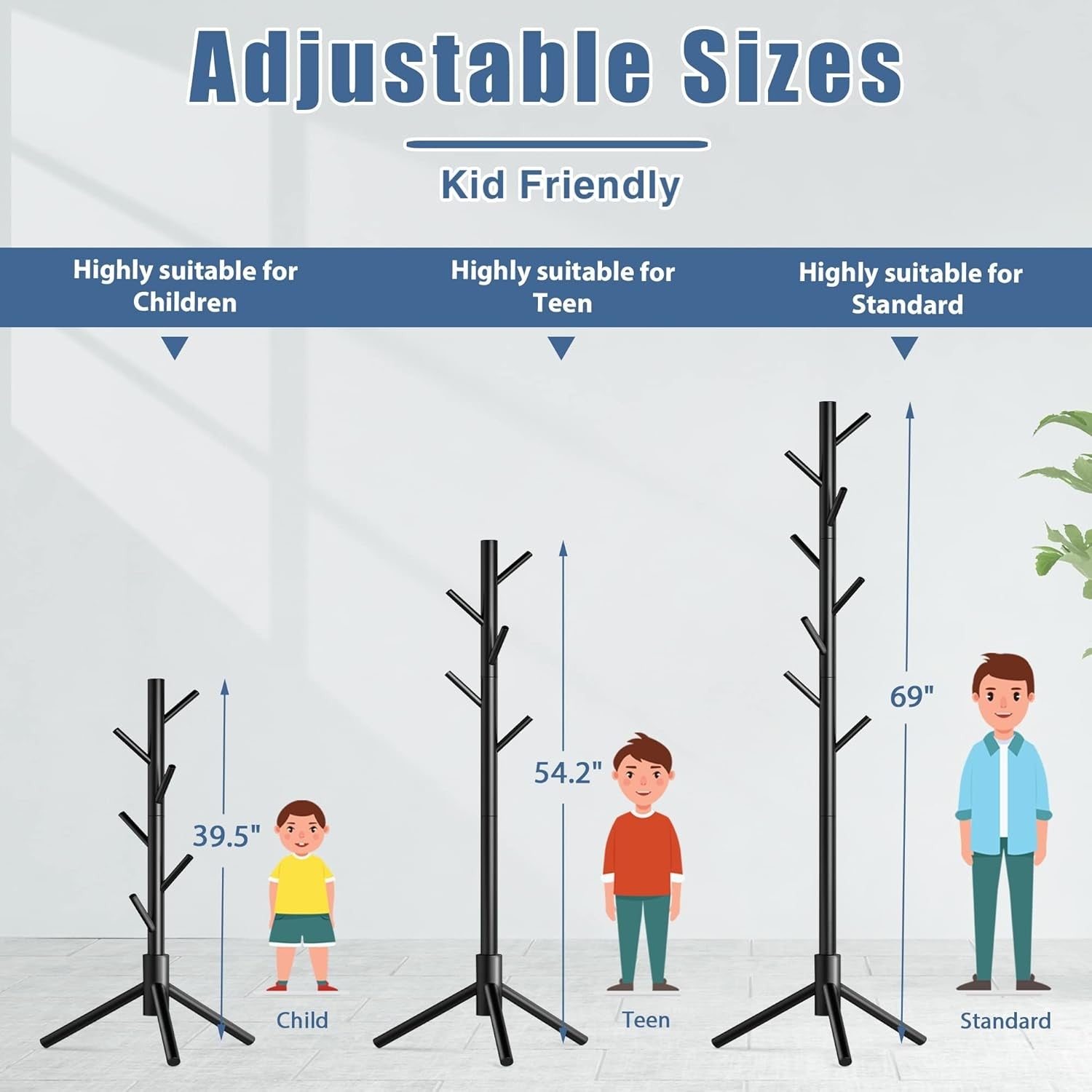Haddockway Wooden Coat Rack Stand with 8 Hooks New Zealand Pine Adjustable Coat