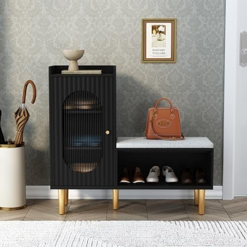 Modern L-Shaped Shoe Storage Bench Cabinet with Glass Doors – Black