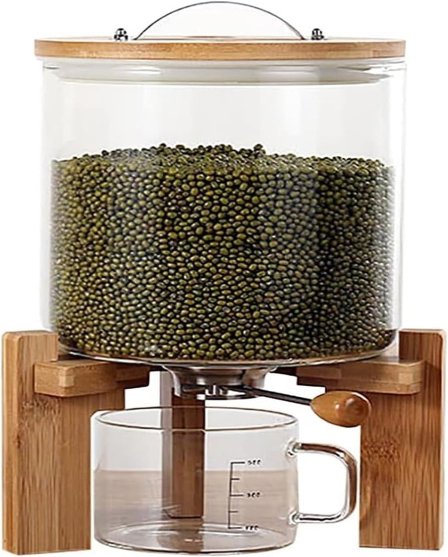 Glass Rice Dispenser 5L Grain Storage Container Wood Stand Airtight