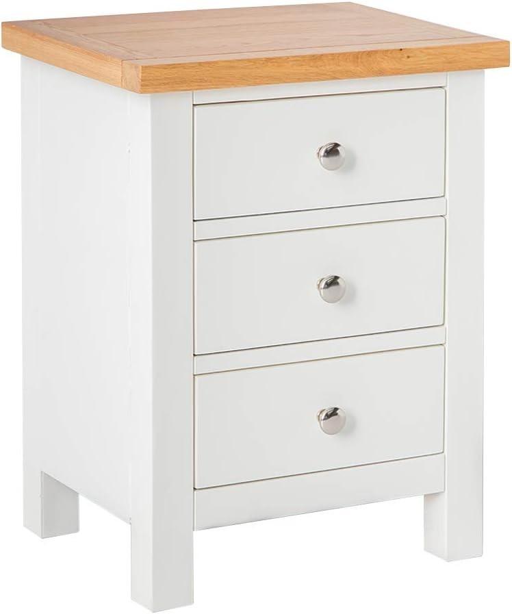 White 3 Drawer Bedside Table with Oak Top | Solid Wood Storage Unit