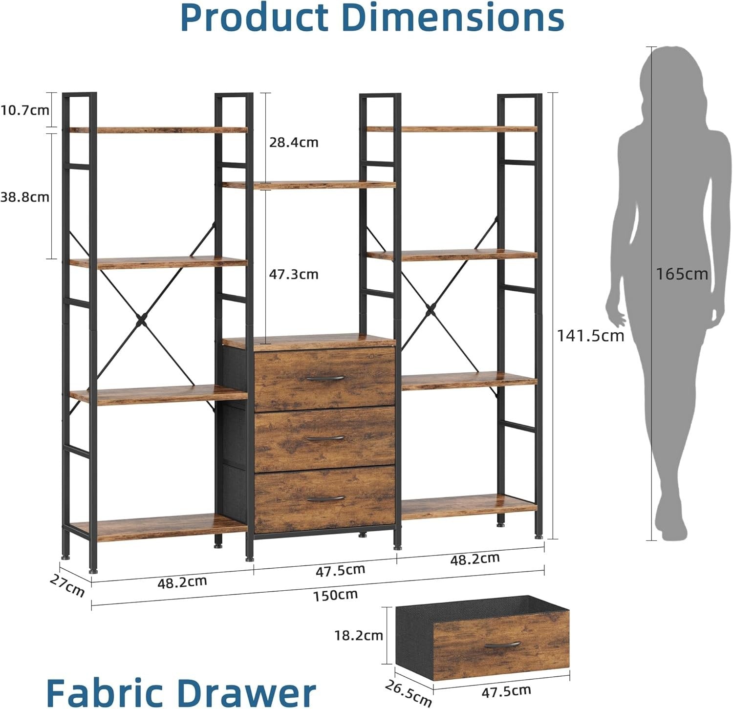 150cm Wide Tall 4-Tier Bookcase with 3 Fabric Drawers Industrial Storage