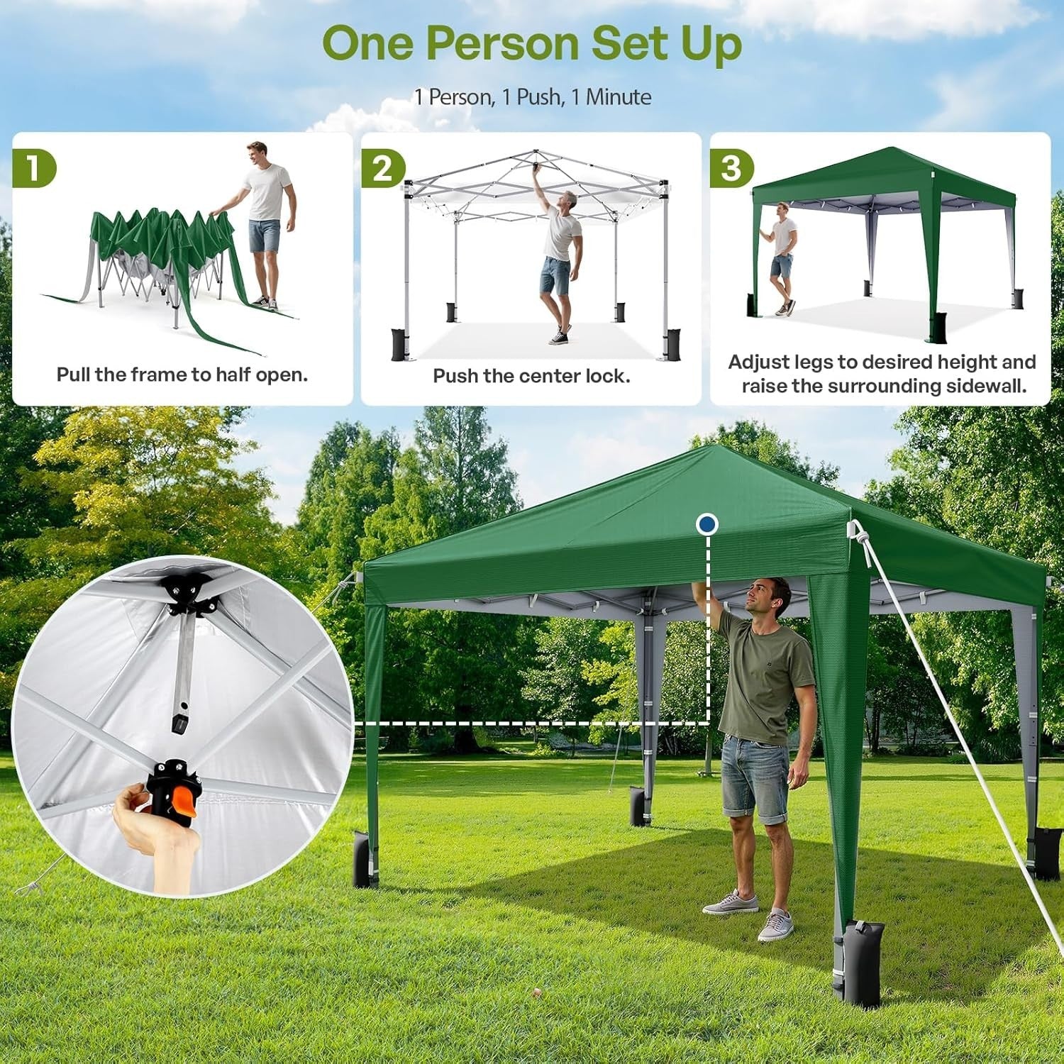 3x3m Dark Green Pop-Up Gazebo with Sides Waterproof Steel Frame Party Tent
