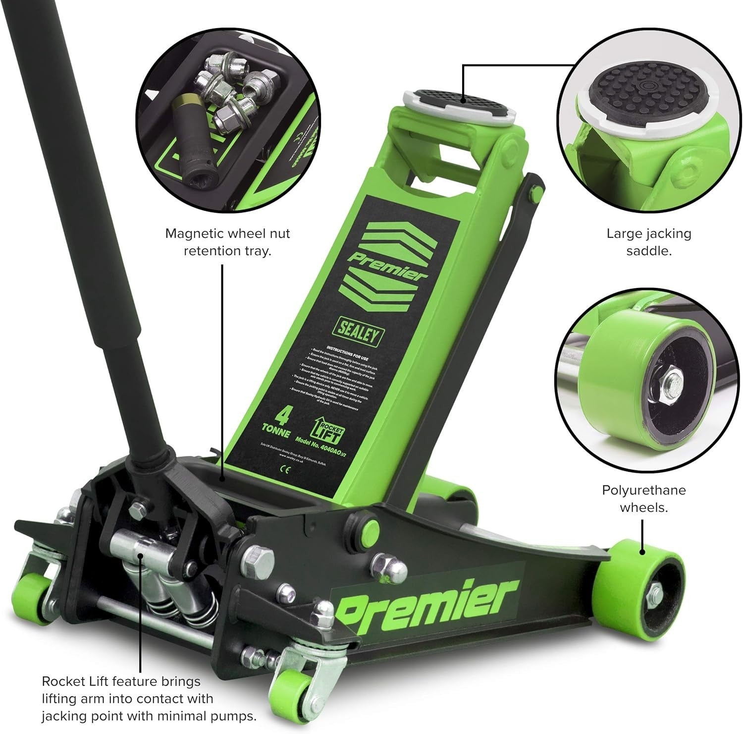 4 Ton Low Profile Hydraulic Trolley Jack 100–533mm Rocket Lift Heavy Duty Green