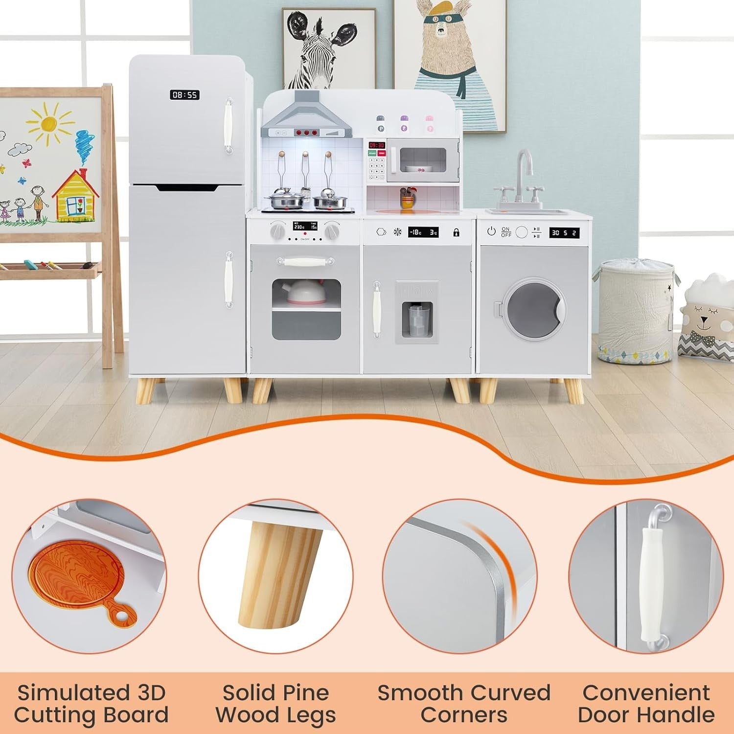 Large Wooden Kids Play Kitchen Set Light Sound Fridge Washer Microwave