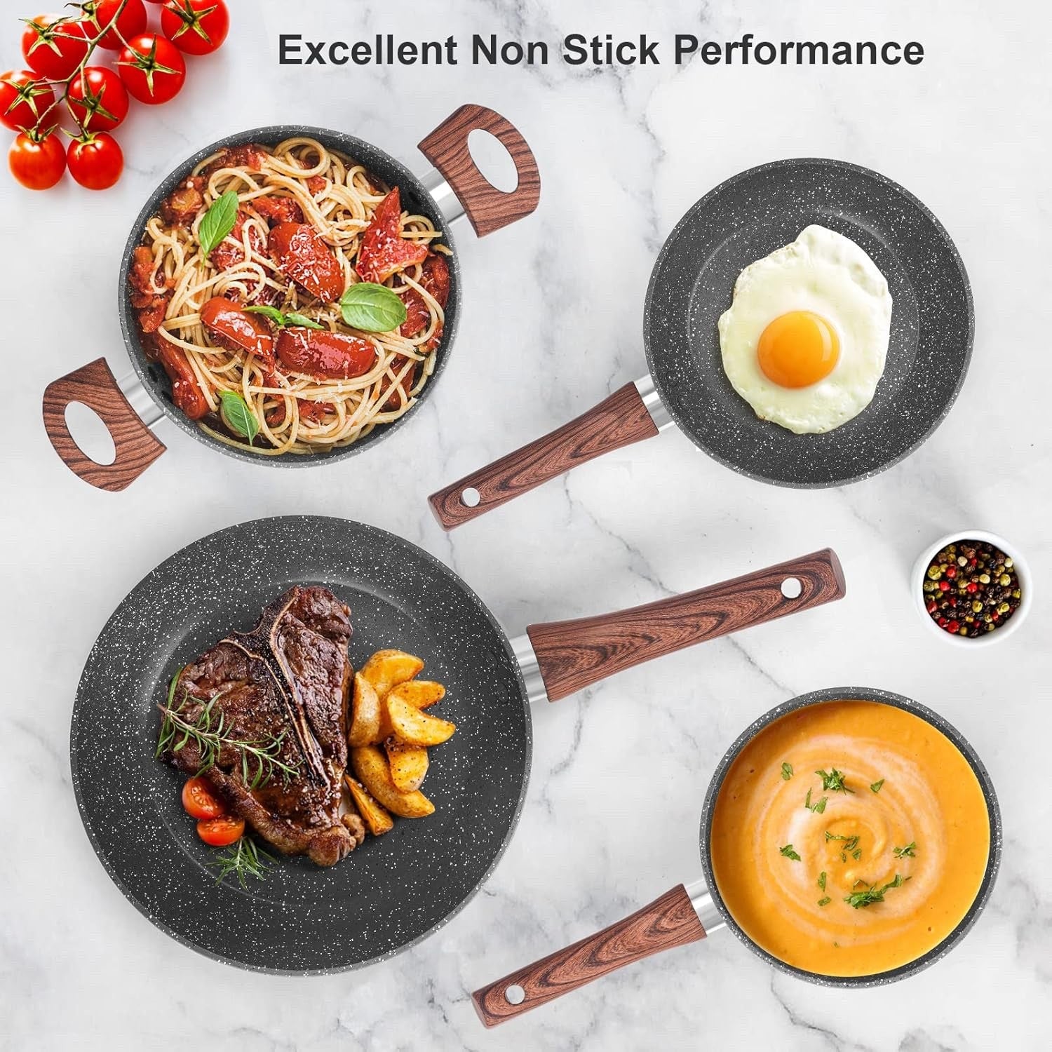 11Pcs Dark Grey Granite Non Stick Induction Cookware Set PFOA Free with Lids