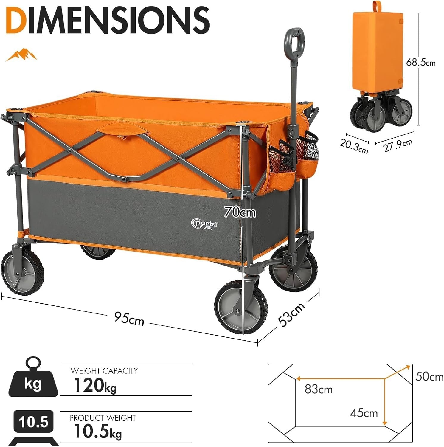 Orange XL 228L Folding Festival Trolley Heavy Duty Camping Beach Wagon Portal