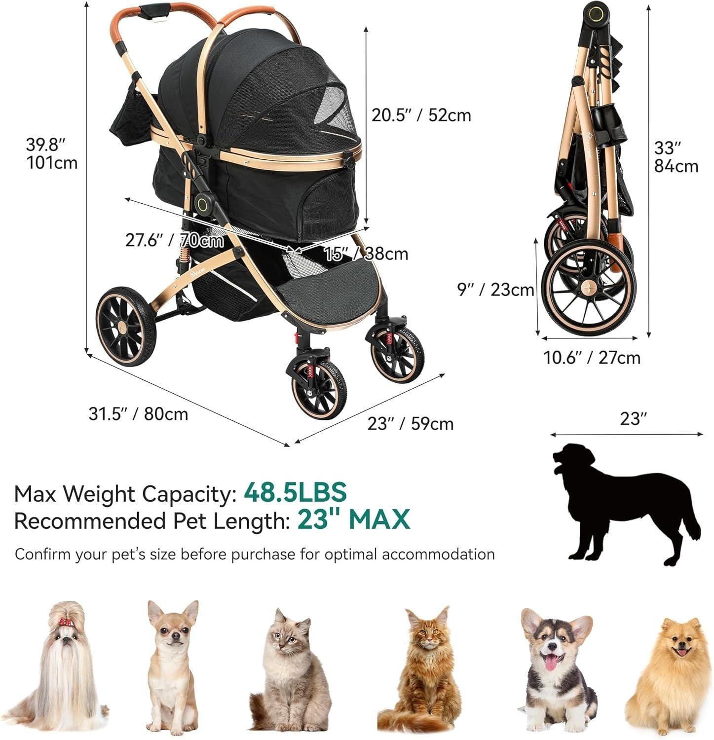 3in1 Pet Stroller Dog Cat Buggy Foldable Lightweight 22kg Black