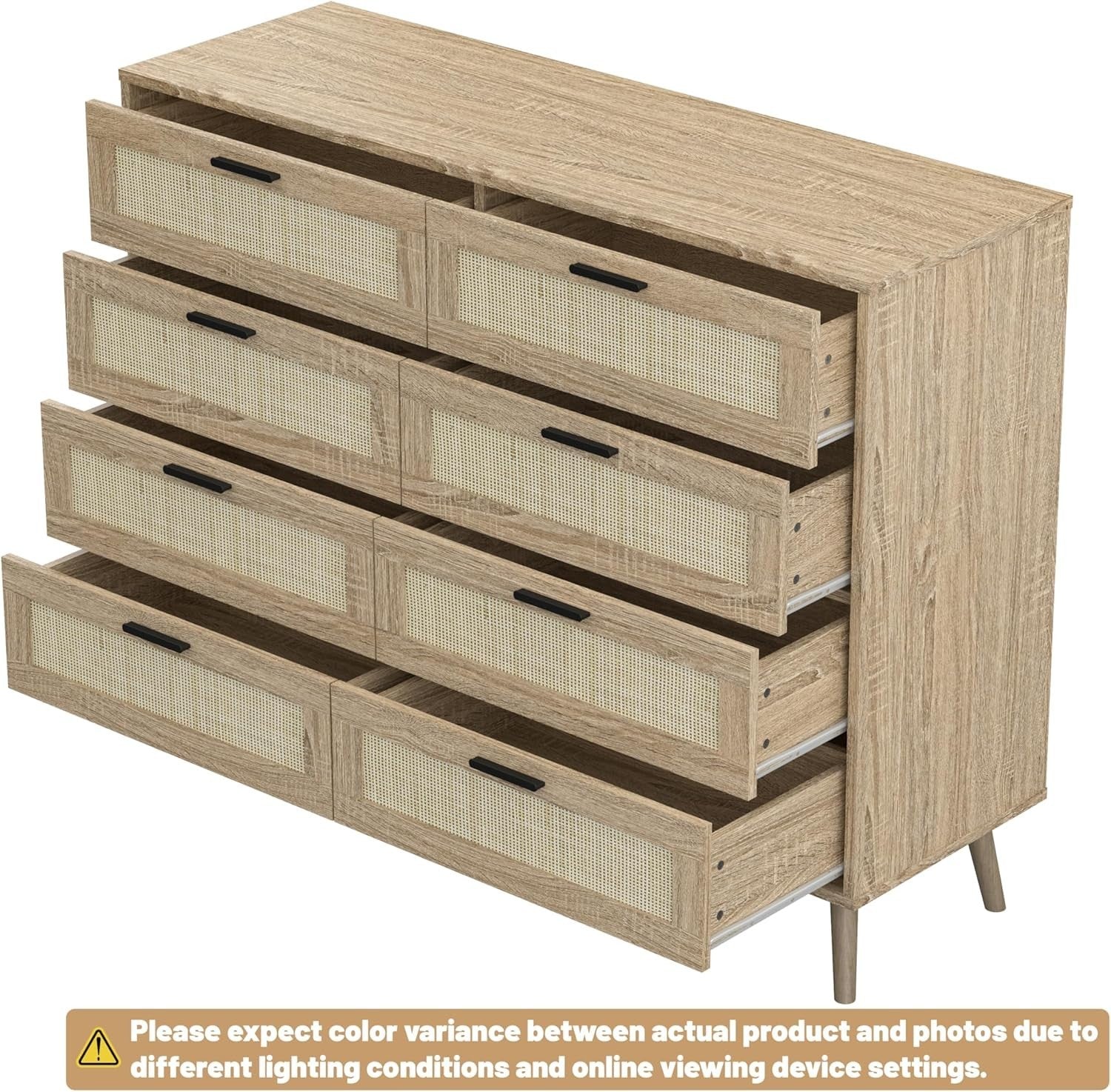 Oak Rattan Chest of Drawers 8 Drawer Storage Cabinet Wood Bedroom