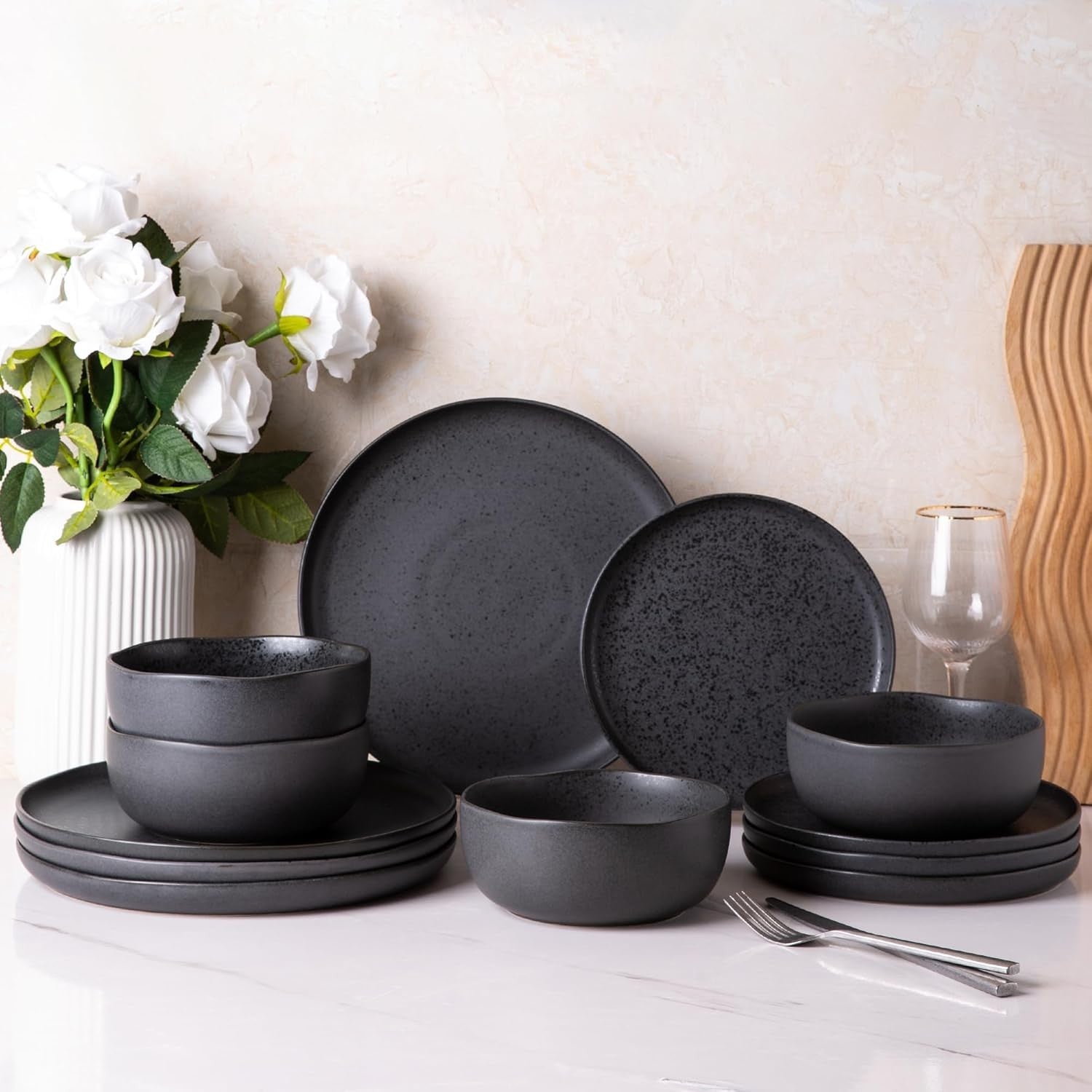 12pc Stoneware Dinner Set Matte Black Speckled Plates Bowls Service for 4