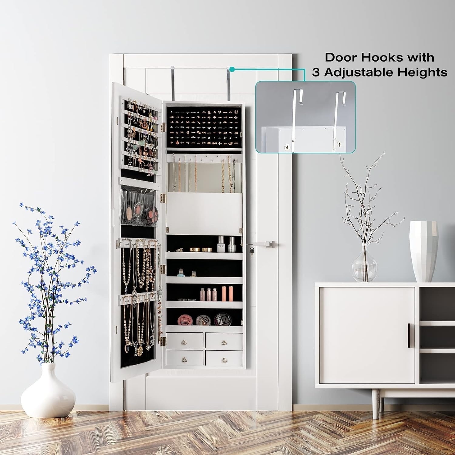 White LED Jewelry Cabinet Wall Mounted Mirror Lockable Storage Organizer