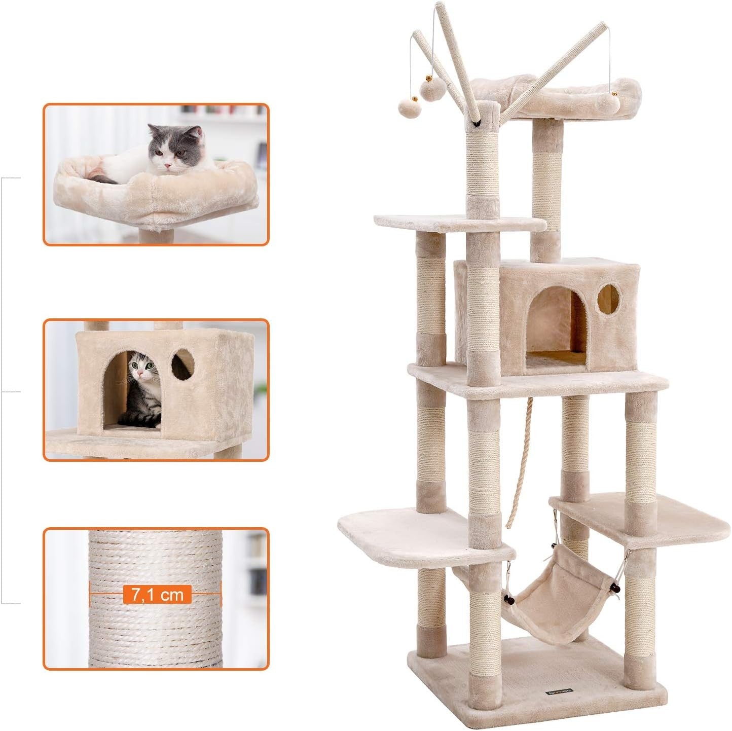 Large Cat Tree Tower with Hammock Condo Scratching Posts 154cm Beige