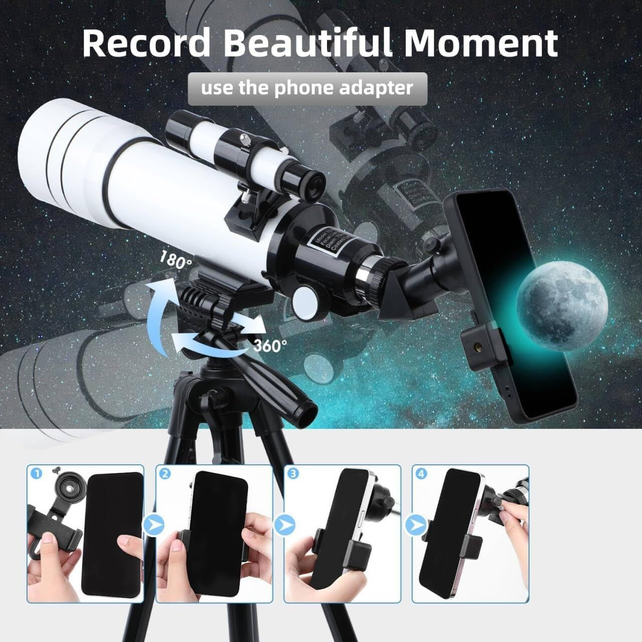 70mm Refractor Telescope Adults Kids Astronomy 400mm HD FMC Tripod Phone Adapter