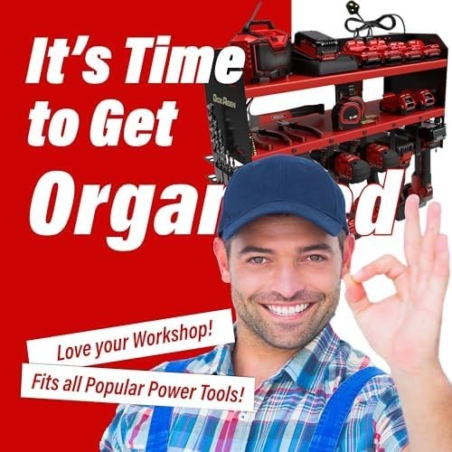 Heavy-Duty Wall-Mounted Tool Organizer Rack with Power Strip 6-Slot Red