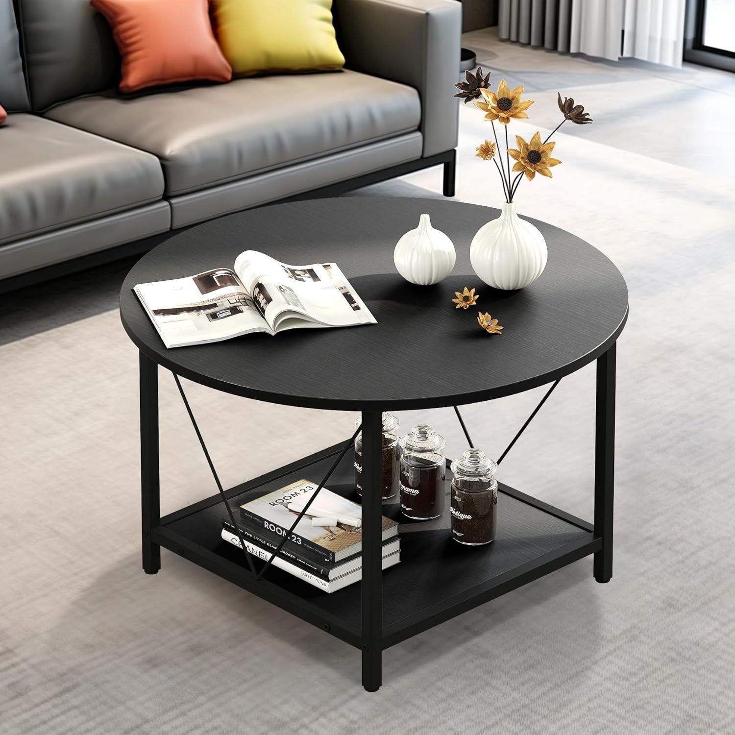 Round Coffee Table with Storage Shelf 80cm Industrial Rustic Metal Legs Black