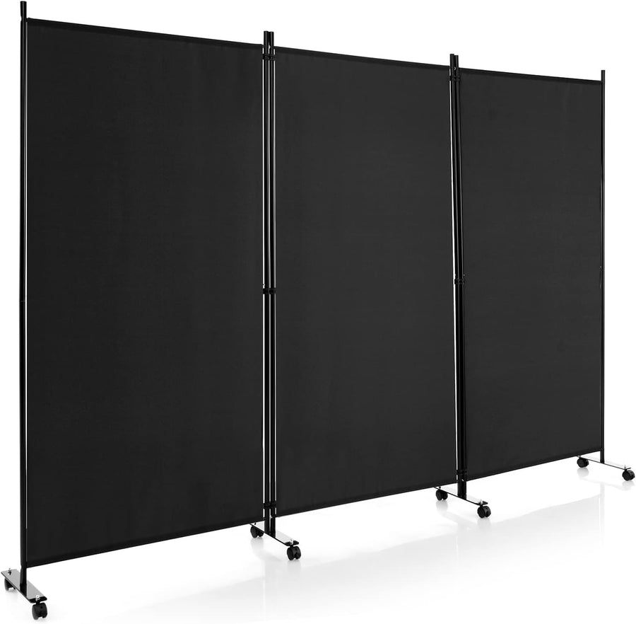 3 Panel Black Folding Room Divider Privacy Screen on Wheels for Home Office Use