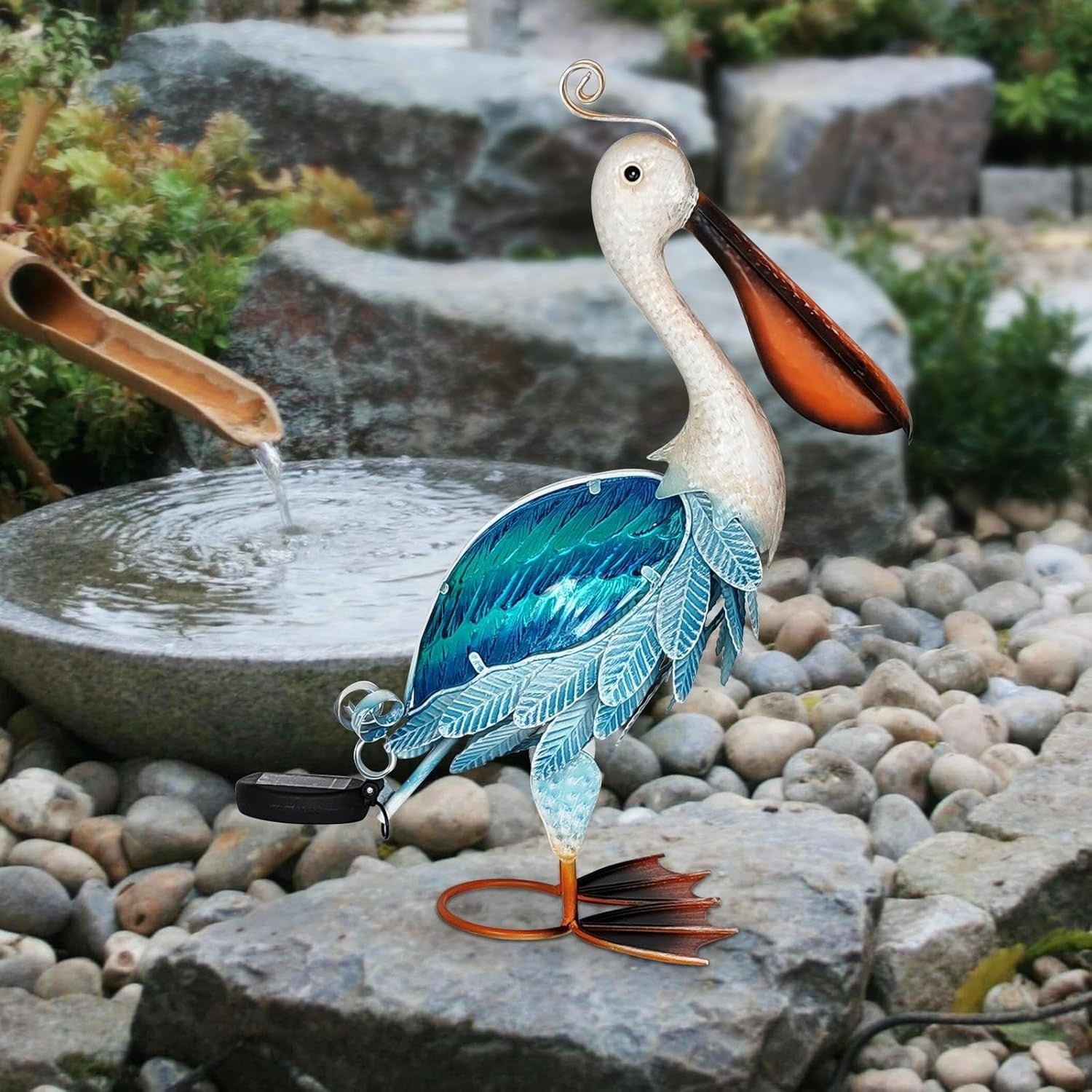 Solar Metal Pelican Garden Statue 19" Coastal Bird Ornament Outdoor Yard Decor