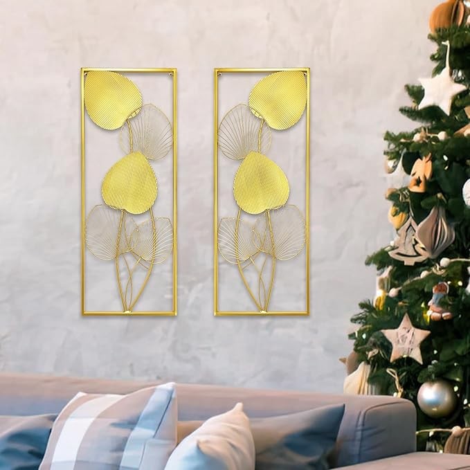 2 Pieces Metallic Leaves Wall Decor 32" X 12" Golden Wall Art Modern Sculptures