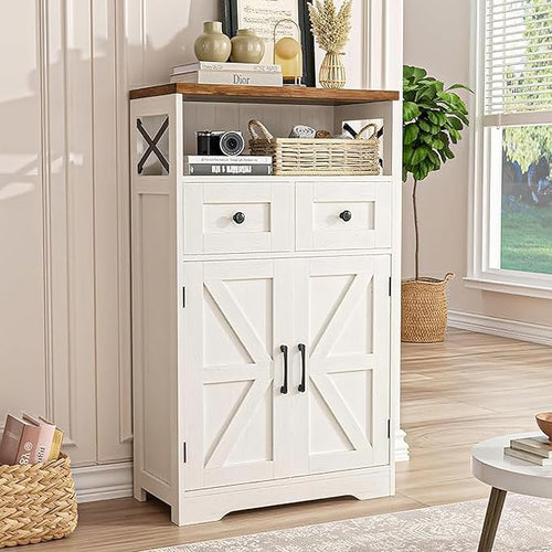 White Wooden Sideboard Cabinet with 2 Drawers & Open Shelf Modern Storage