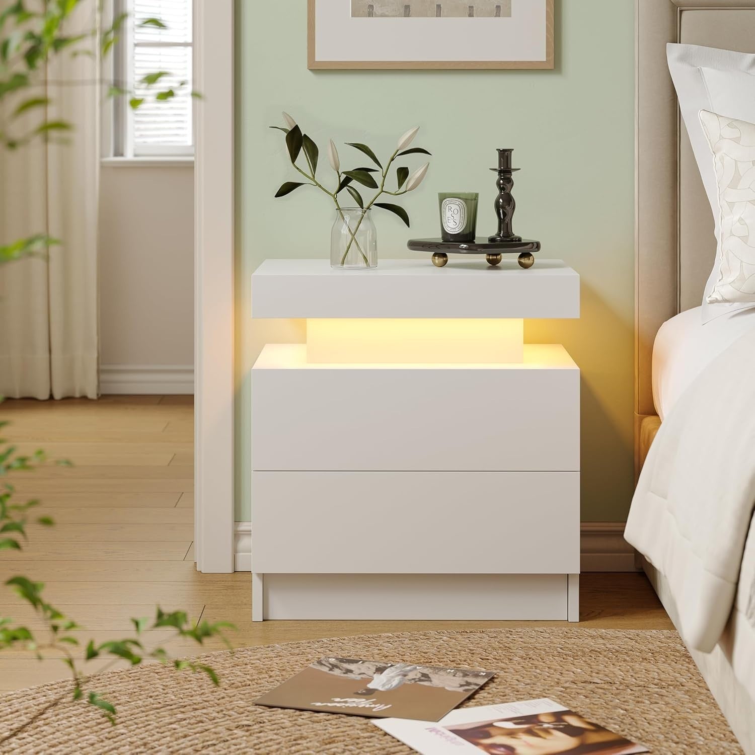 Modern LED Bedside Table with 2 Drawers – RGB Nightstand with Remote Control