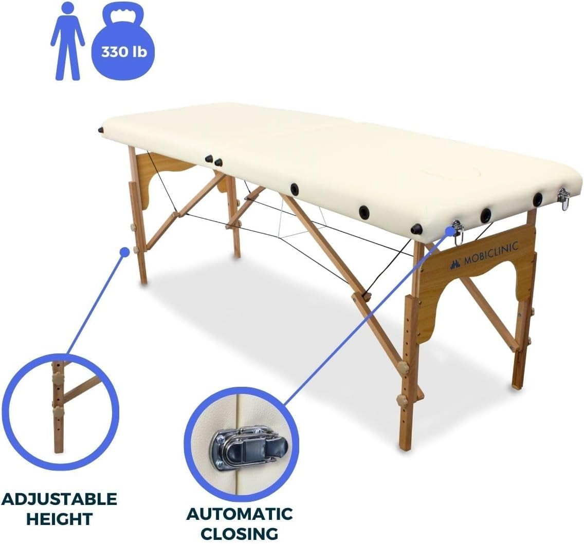 Portable Wooden Massage Table 2-Section Adjustable Therapy Bed Cream