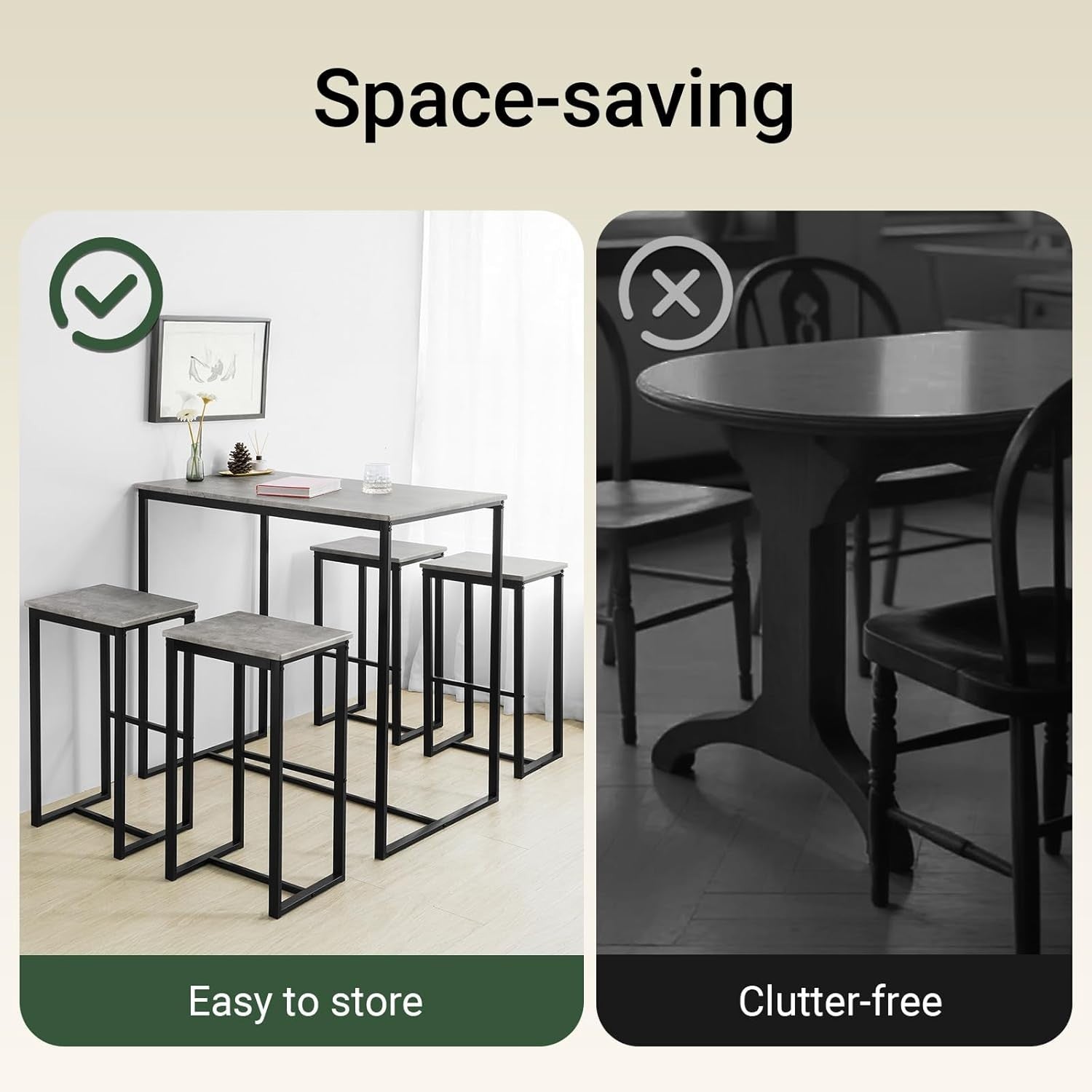 5-Piece Bar Table Set with 4 Stools, Black & Grey Space-Saving Dining Set