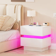 White LED Bedside Table with Charging Station 2-Drawer Modern Nightstand