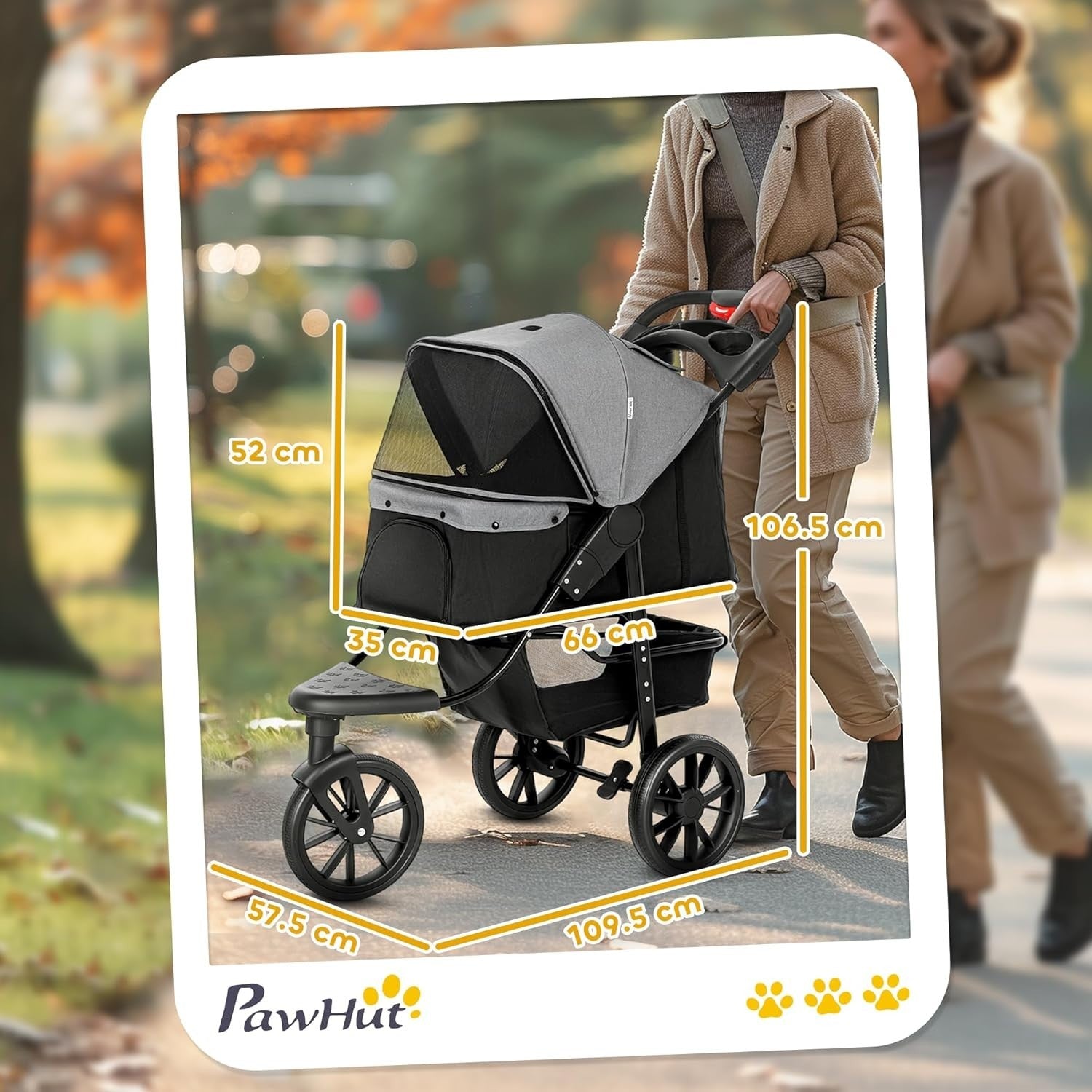 Foldable 3-Wheel Pet Stroller Grey Dog Pram Small Dogs Cats Pushchair