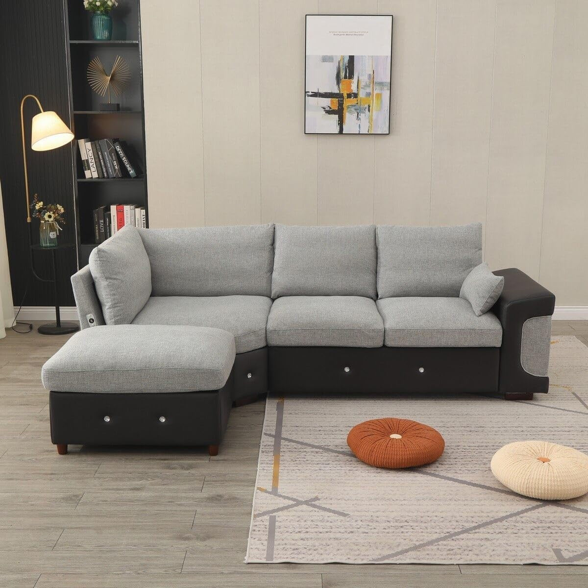 4 Seater Corner Sofa with USB Port & Chaise – Linen & Faux Leather