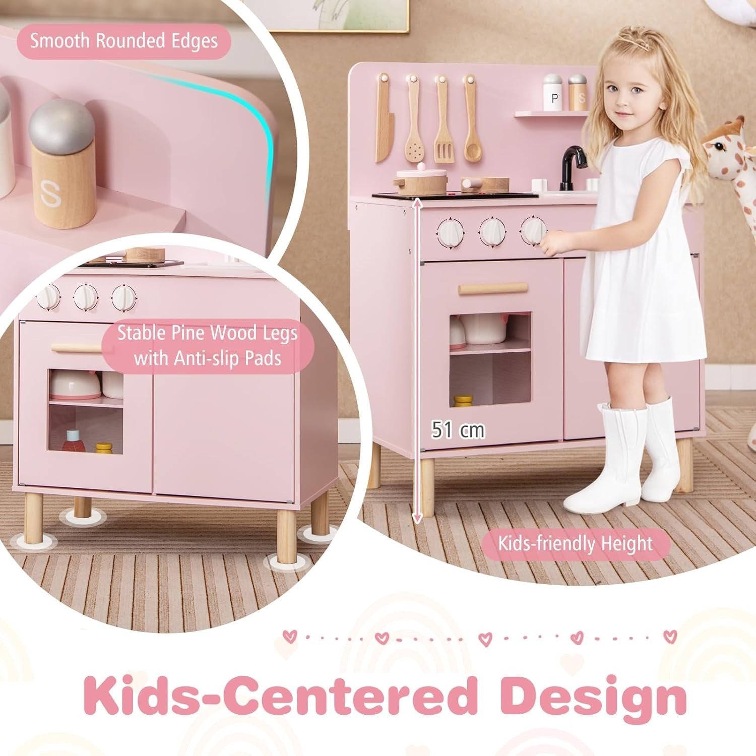 Wooden Kids Play Kitchen Pink Lights Sounds Oven Chef Toy Set