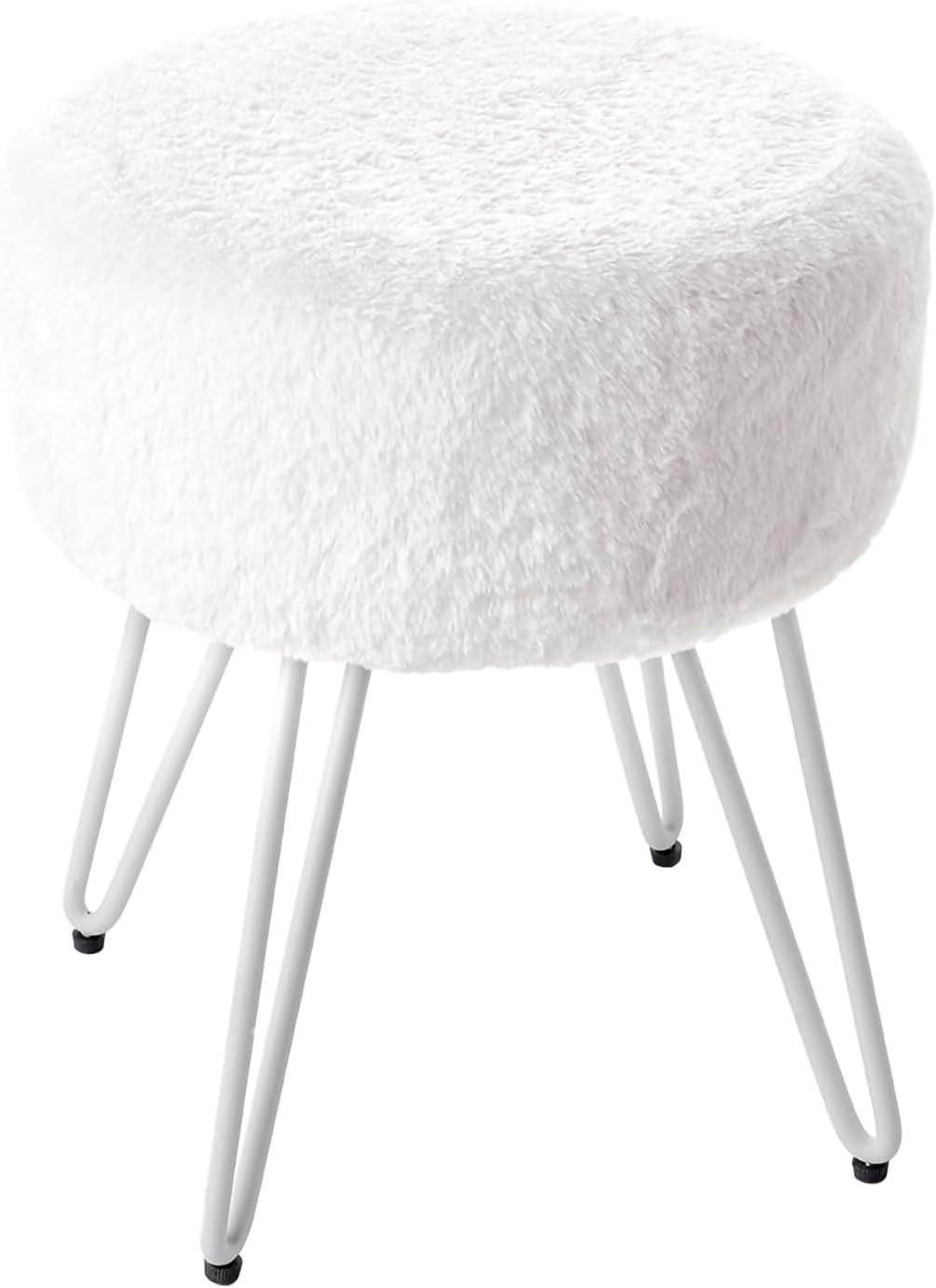 White Plush Round Vanity Stool with Metal Legs – Soft Padded Dressing Chair