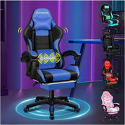 Blue Gaming Chair XL Massage Lumbar Footrest Ergonomic High Back PU Leather