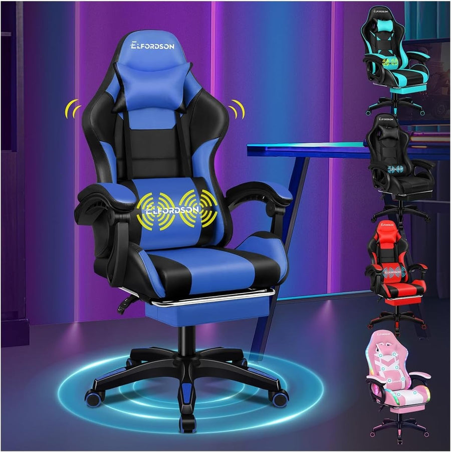 Blue Gaming Chair XL Massage Lumbar Footrest Ergonomic High Back PU Leather