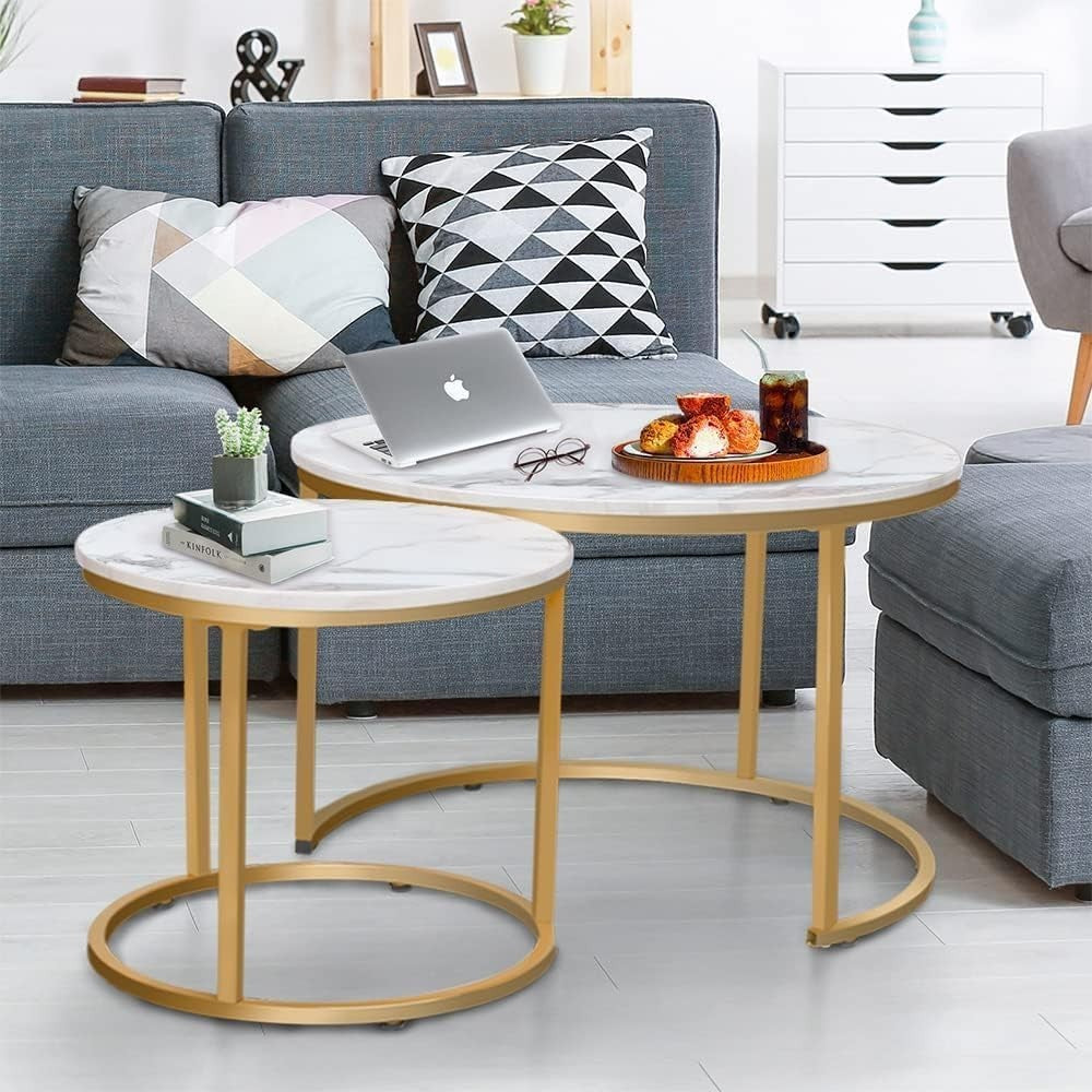 Round Gold Nesting Coffee Table Set White Marble Top Modern Side End Tables