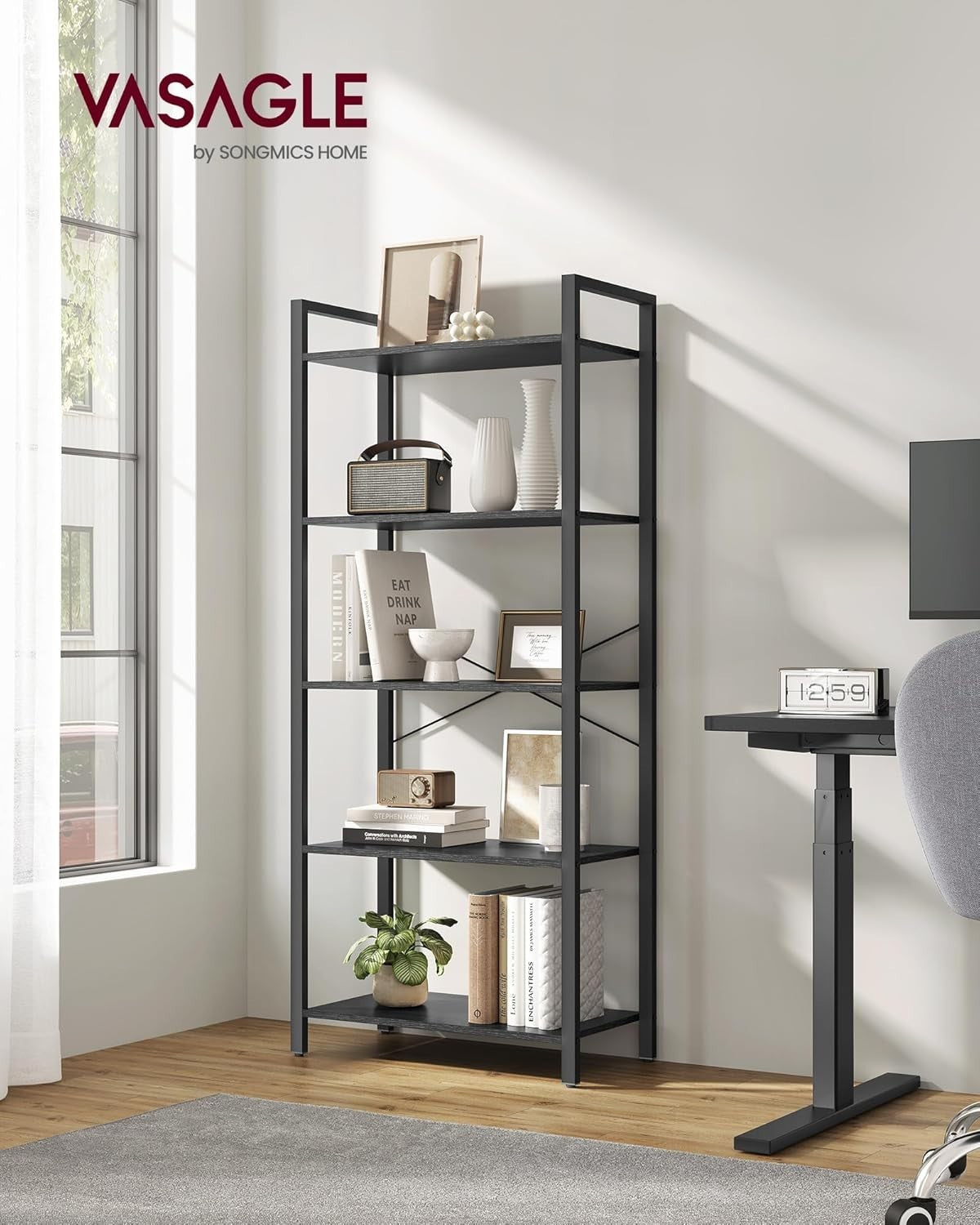 5-Tier Industrial Black Bookcase – Wide Storage Shelf for Home & Office