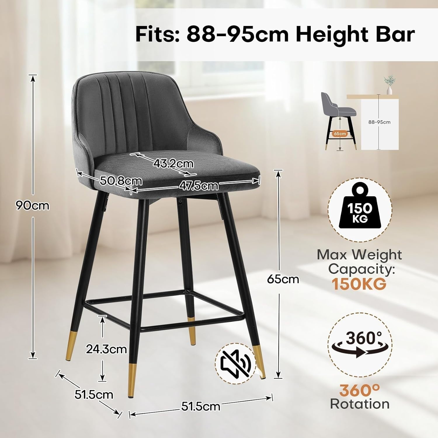 Grey Velvet Swivel Bar Stools Set of 2 65cm – Modern Kitchen Counter Chairs