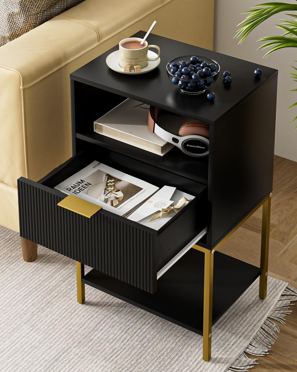 Modern Black Bedside Table with Gold Legs – 3-Tier Fluted Storage Nightstand