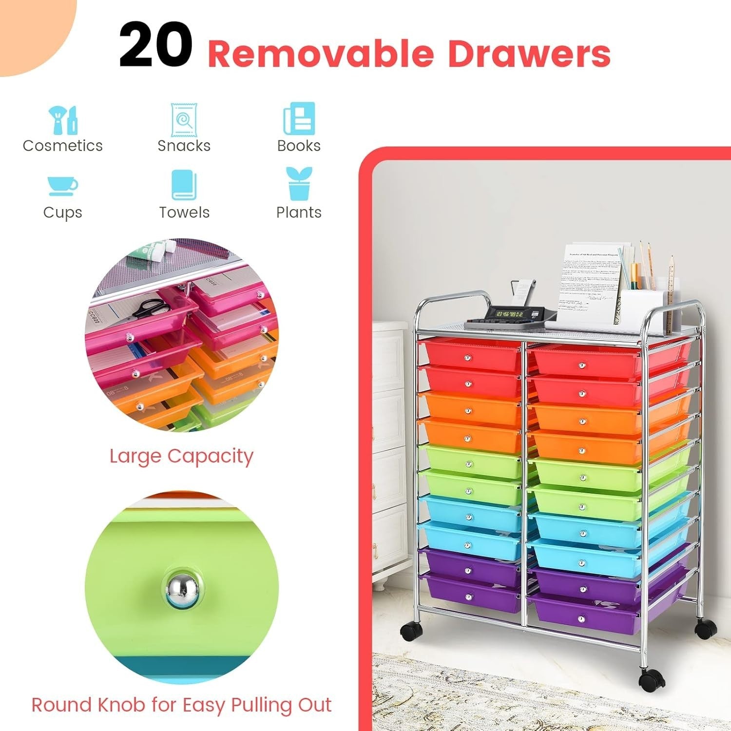 20 Drawer Rolling Storage Cart Mobile Organizer Trolley Multicolor