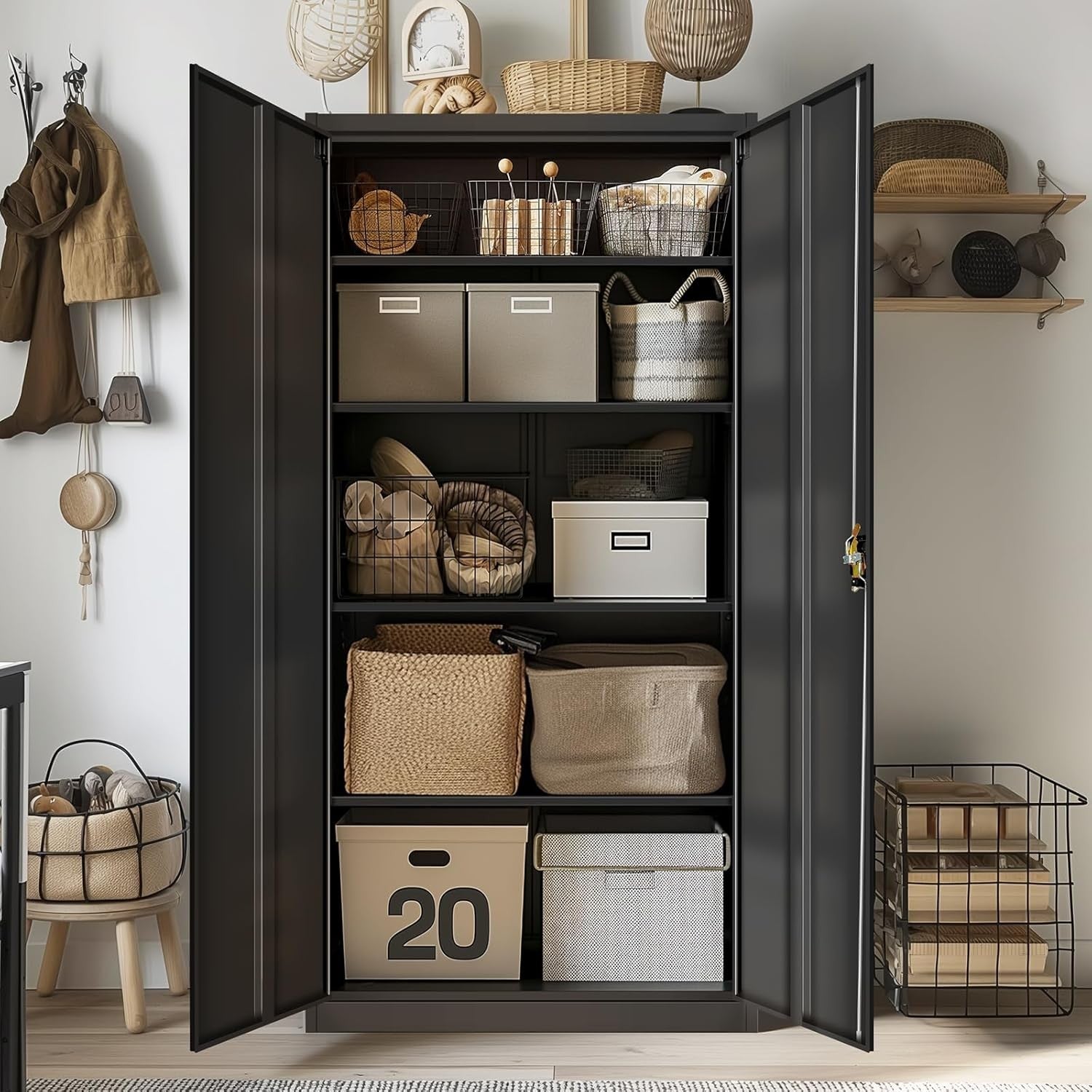 Tall Metal Storage Cabinet Black 2 Door 4 Shelf Lockable Steel Cupboard 185cm