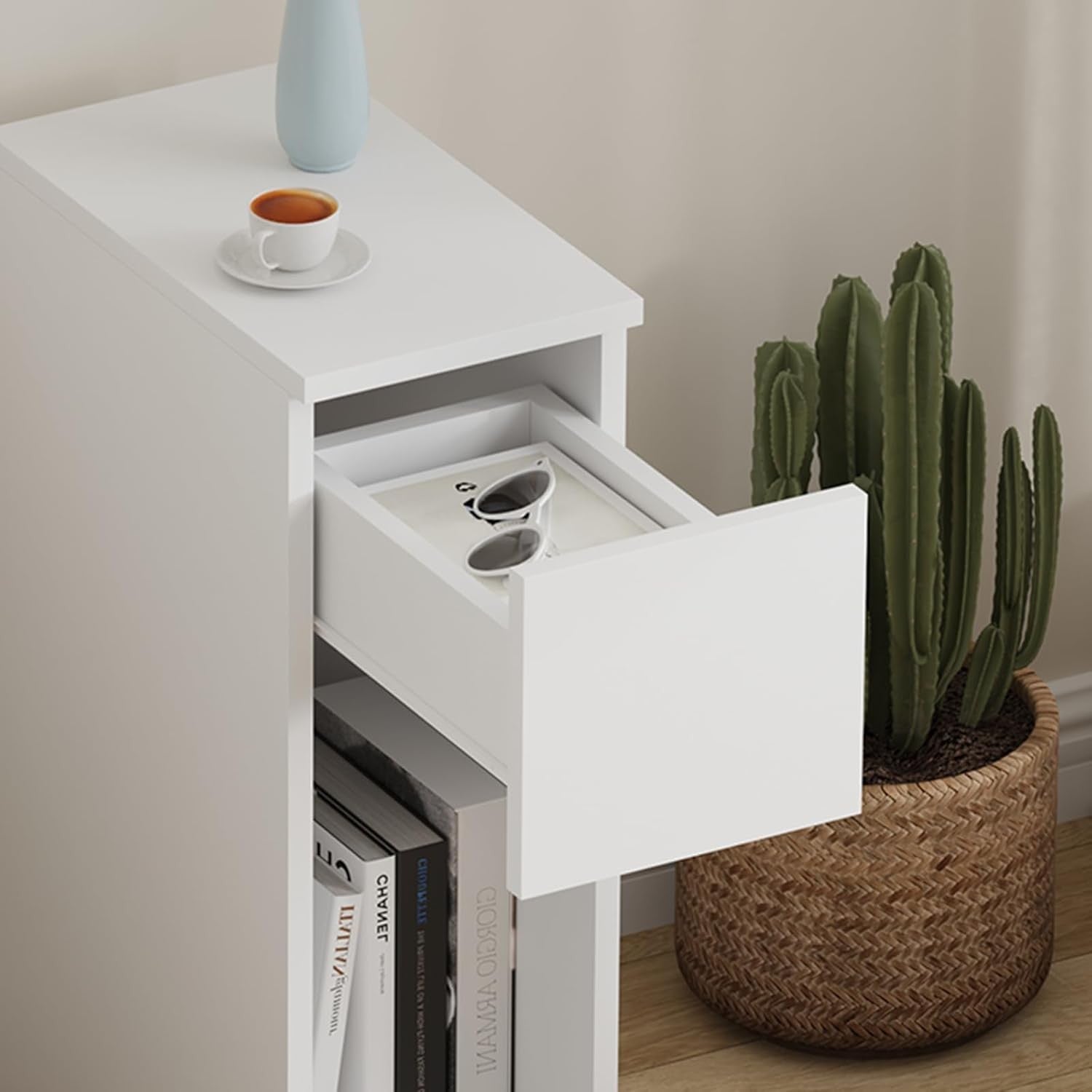 Set of 2 Slim White Bedside Tables with Drawer & Shelf, Narrow Nightstands