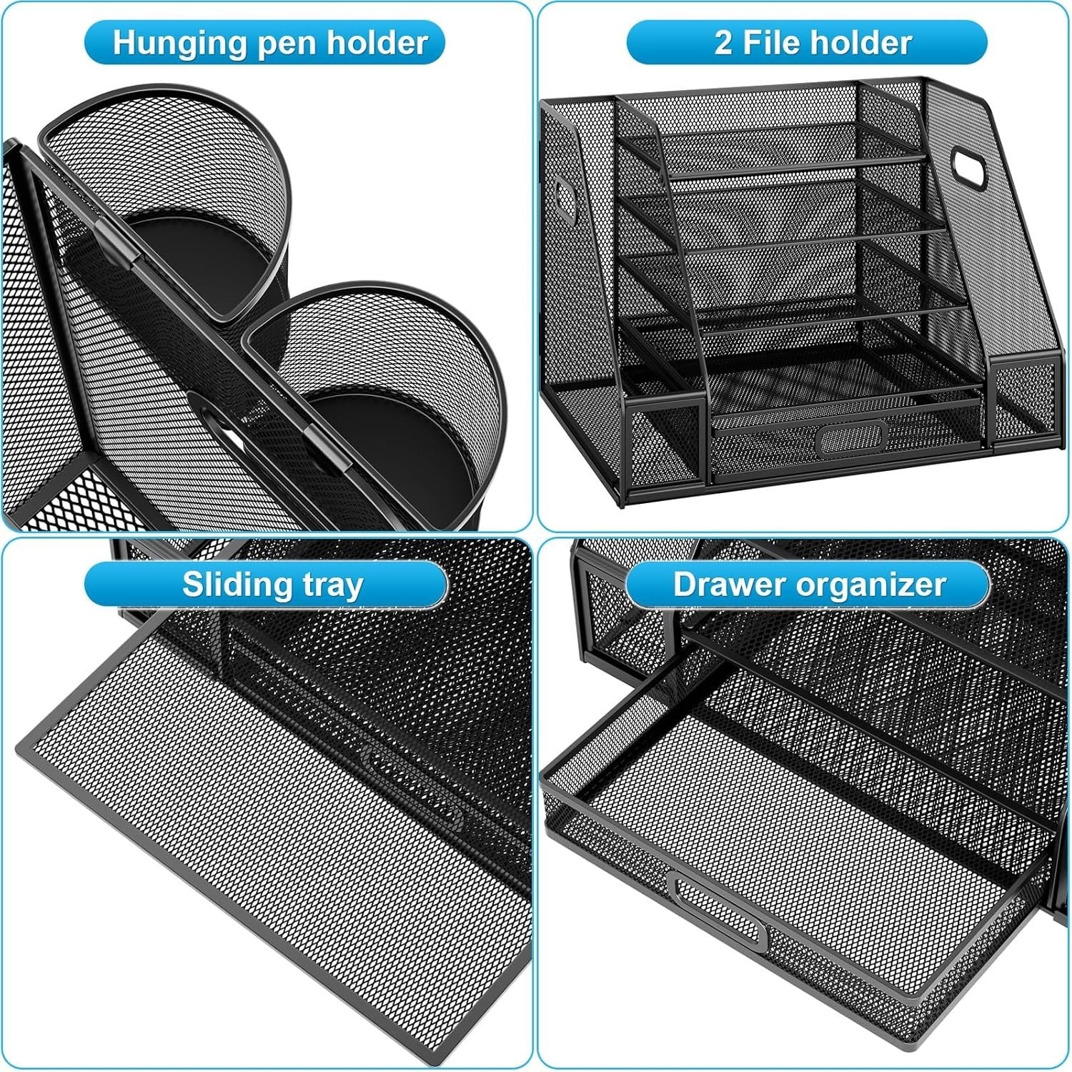5-Tier Desk Organiser with Drawer & Pen Holders Bilateral Mesh Storage