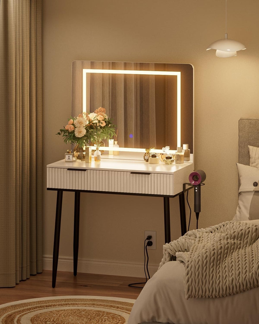 Vanity Dressing Table with LED Light Mirror Makeup Desk 2 Drawers Gold Accents