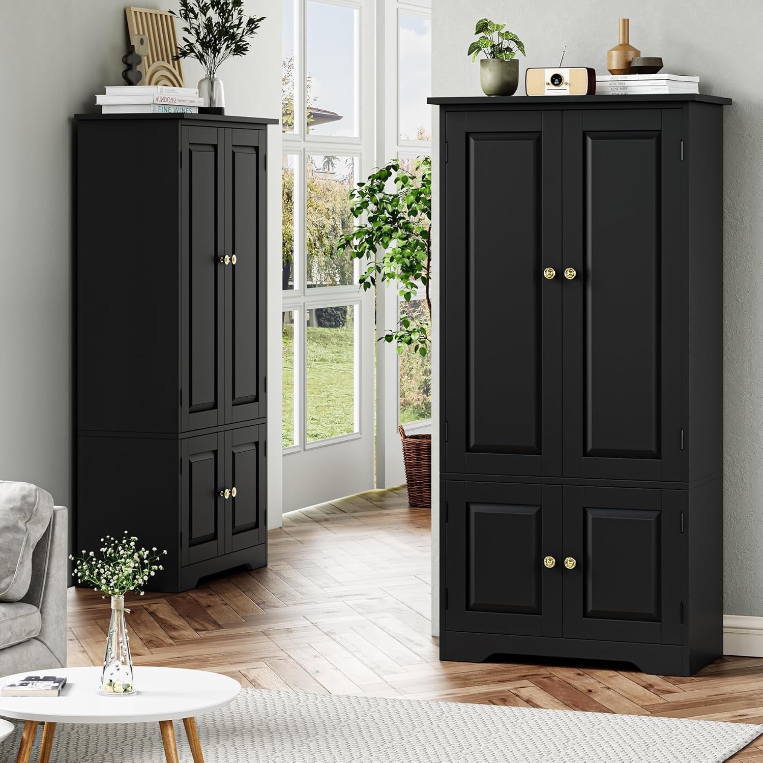 Black Kitchen Cupboard 4 Door Freestanding Storage Cabinet with Shelves