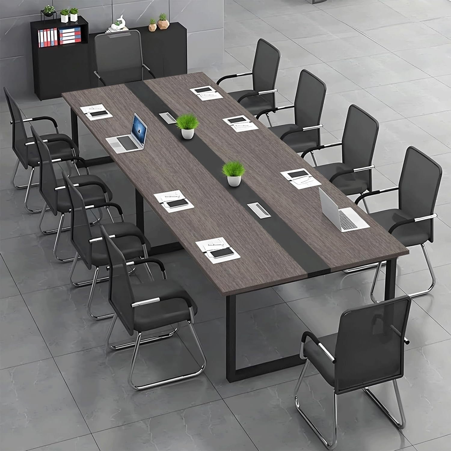 160x120cm Grey/Black Office Meeting Table w/ Cable Ports + Adjustable Feet