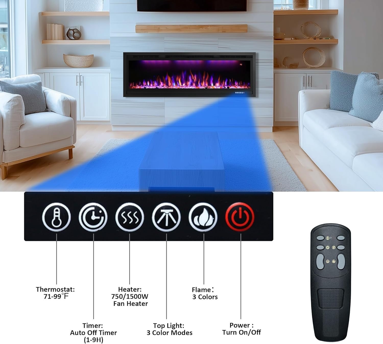 50in WiFi Electric Fireplace Wall Insert Heater App Control 3 Flame LED