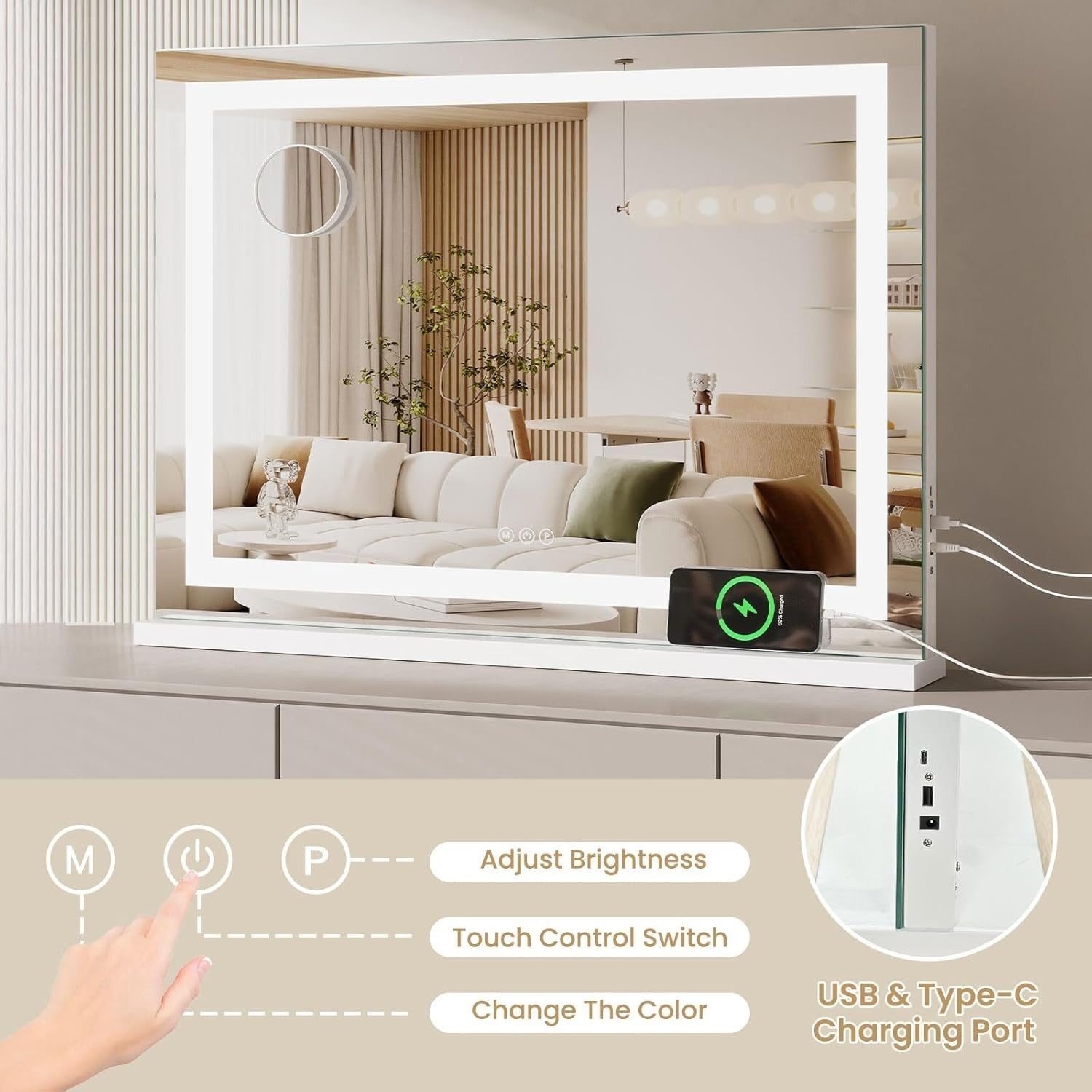 LED Vanity Mirror 80x58cm Wall/Tabletop USB Makeup Light Dimmable Touch