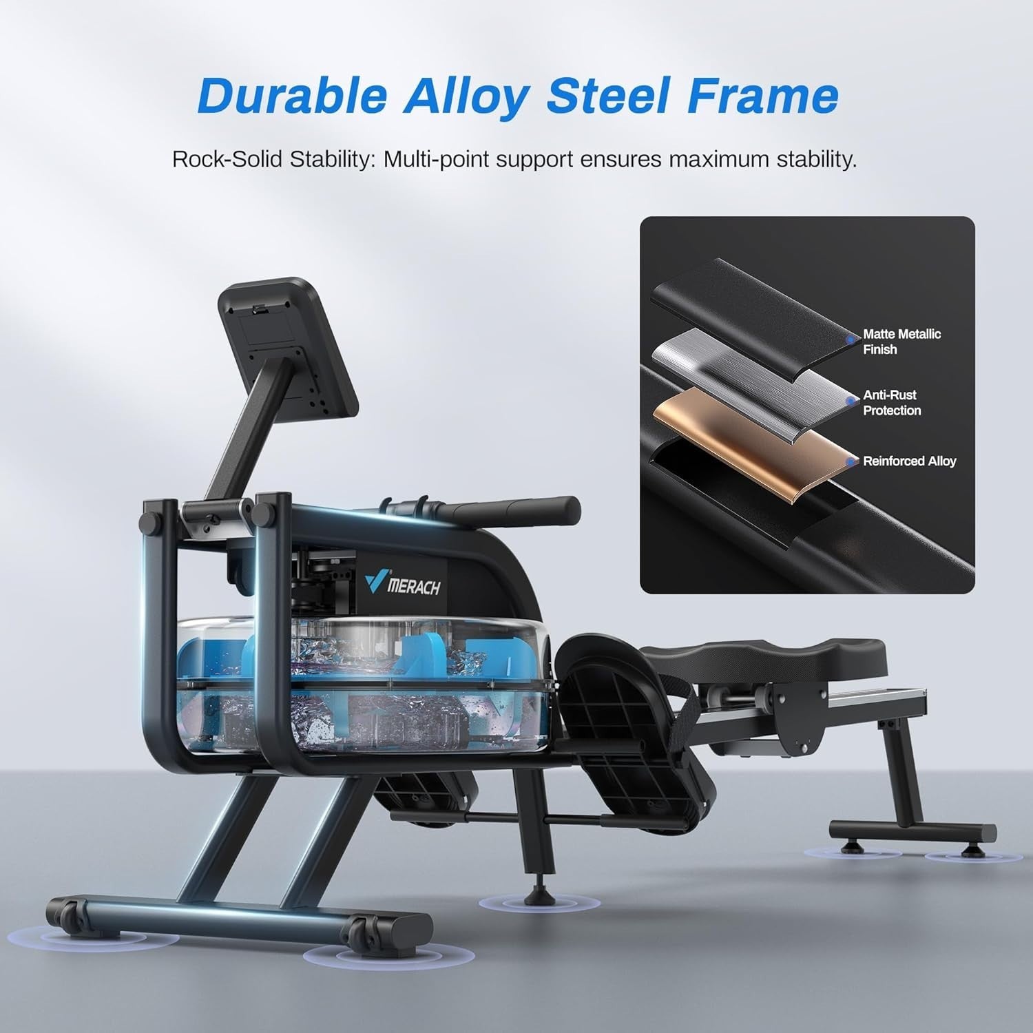 Water Rowing Machine 6-Level Resistance Quiet Steel Frame App Compatible