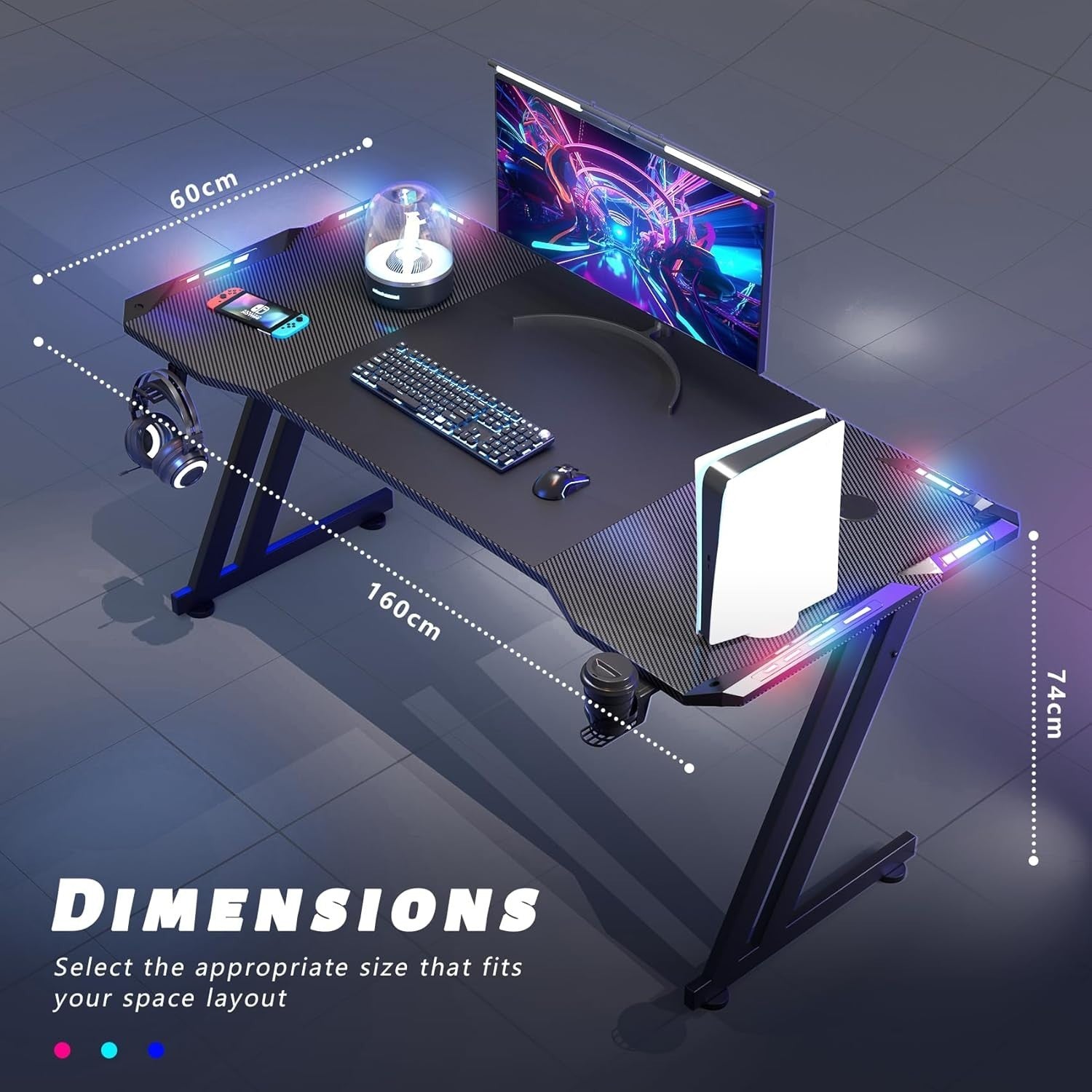 RGB Gaming Desk 160x60cm Computer Table w/LED, Cup Holder & Headphone Hook